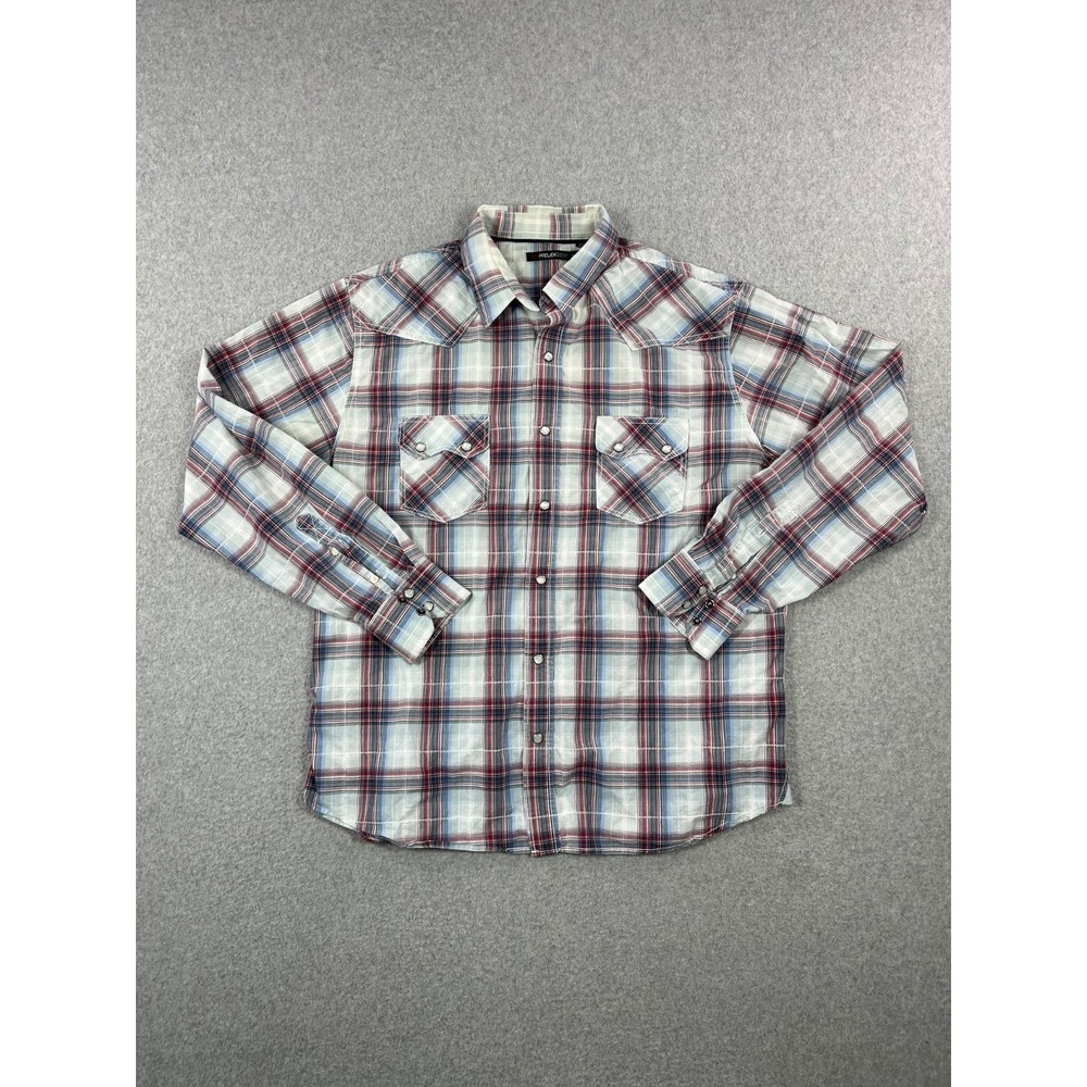 Projek Raw Western Shirt Mens XL White Blue Plaid Pearl Snap Saw Tooth